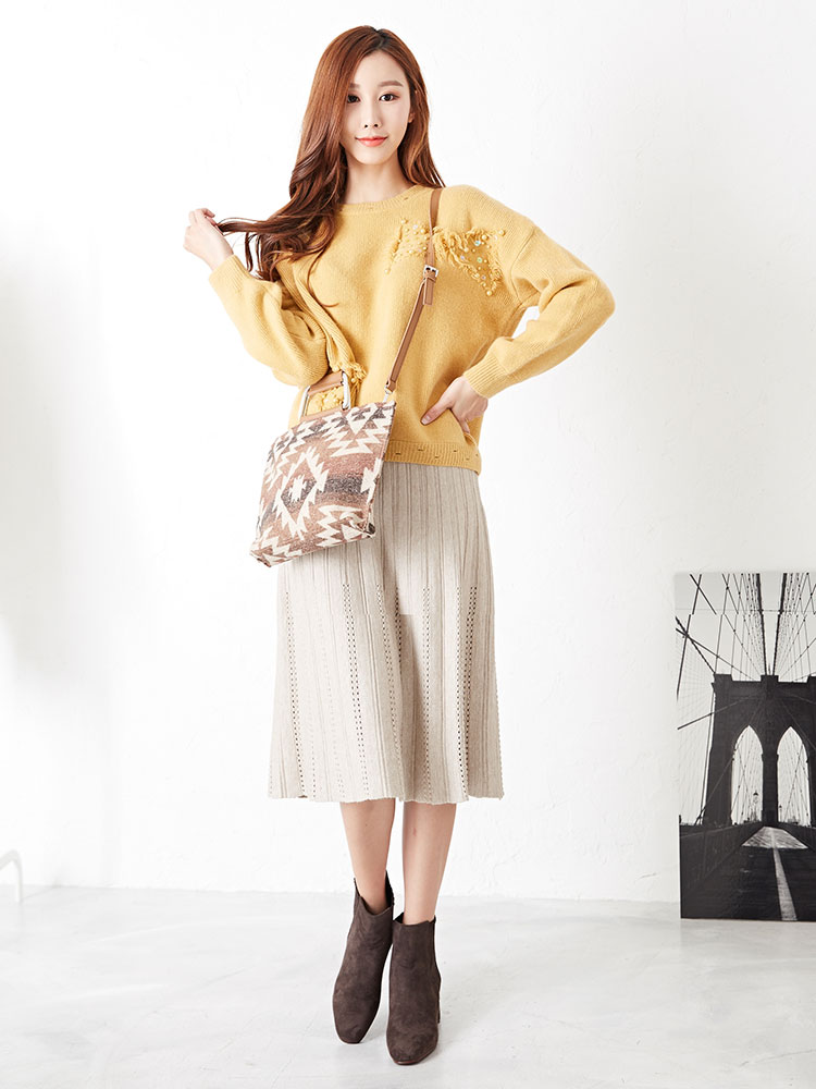 Punching Flare Knit Long Skirt Feminine Date Coord