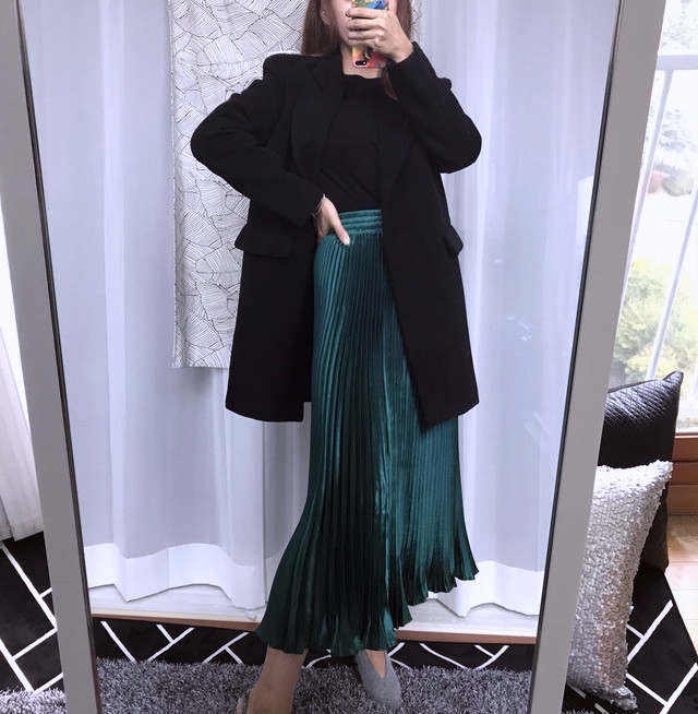 Gloss satin pleated long skirt 6colors Green skirt