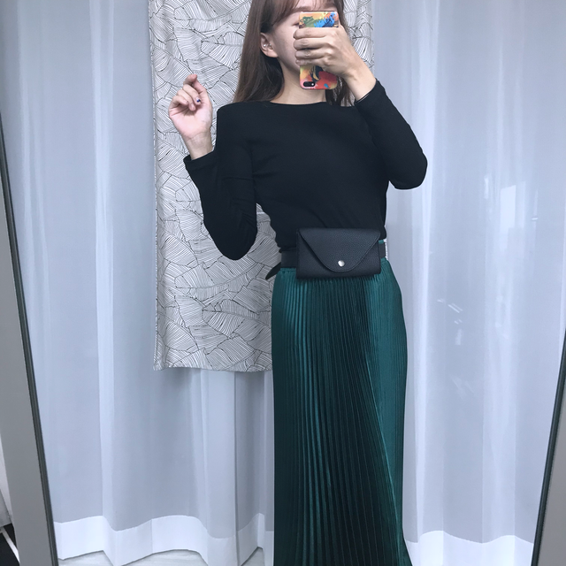Gloss satin pleated long skirt 6colors Green skirt