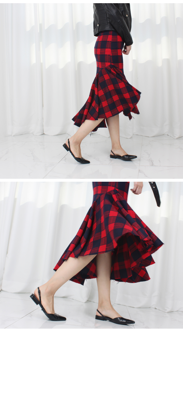 Check frill Kaikan Unisex Long skirt High waisted 