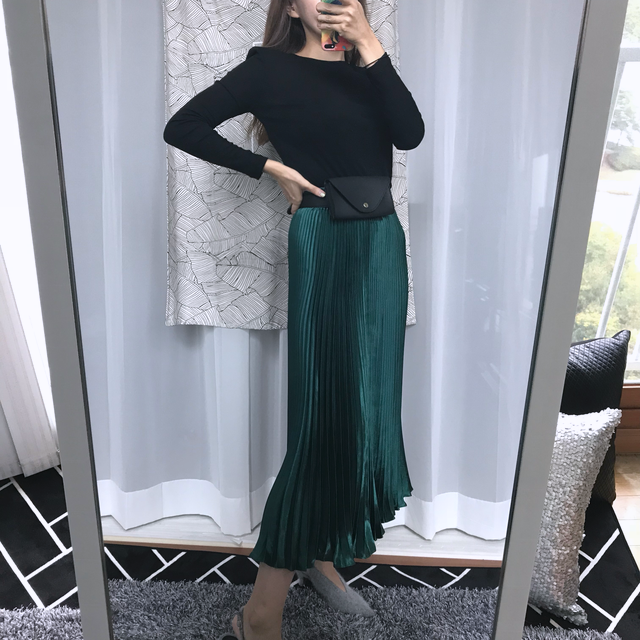 Gloss satin pleated long skirt 6colors Green skirt