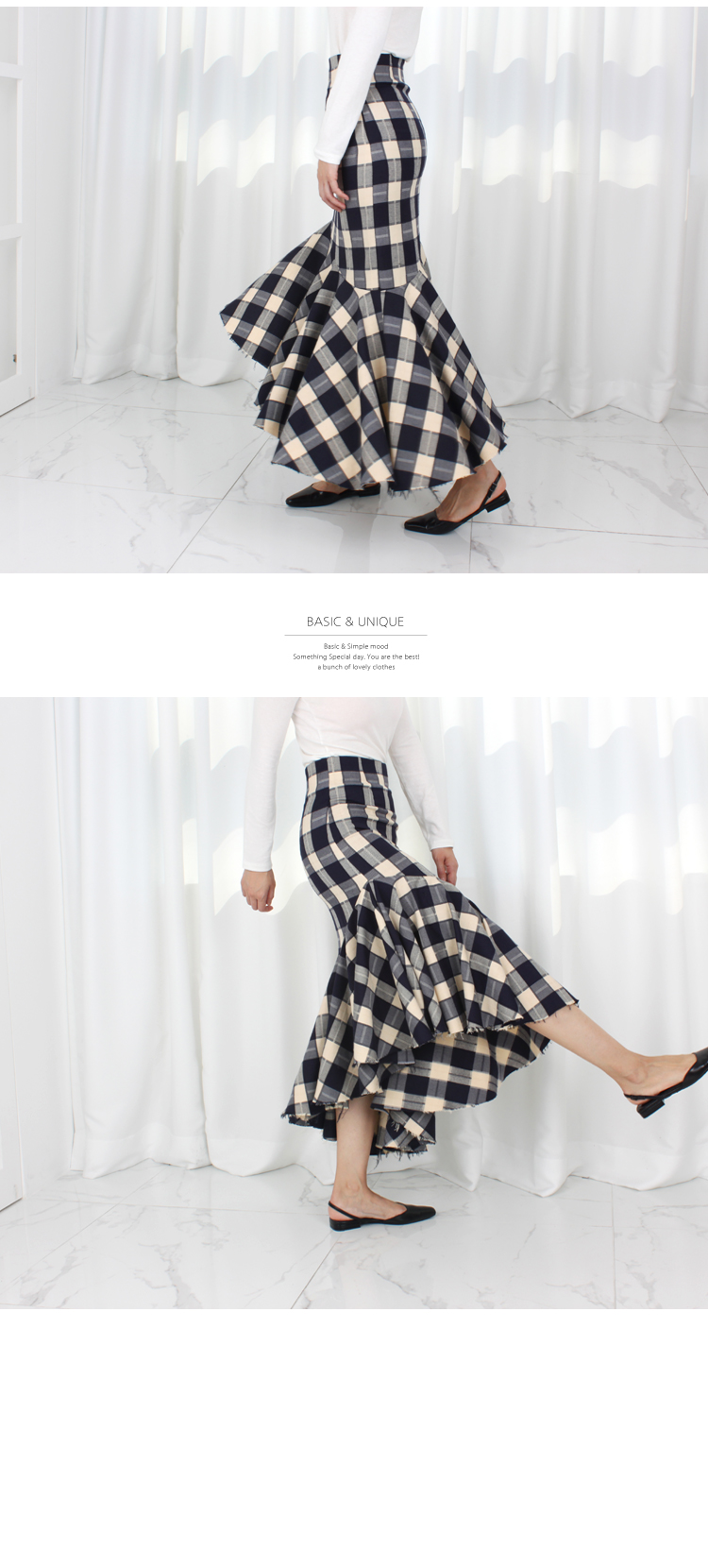 Check frill Kaikan Unisex Long skirt High waisted 