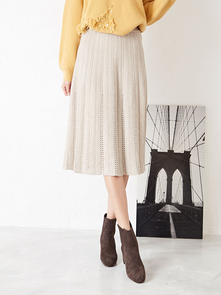 Punching Flare Knit Long Skirt Feminine Date Coord