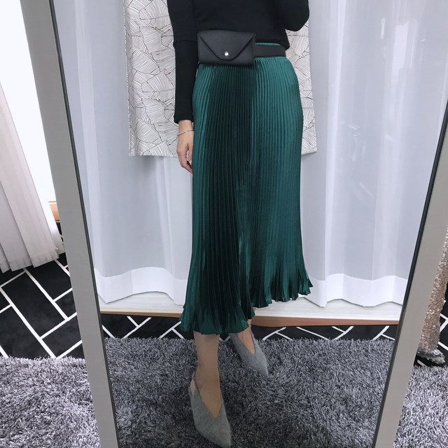 Gloss satin pleated long skirt 6colors Green skirt