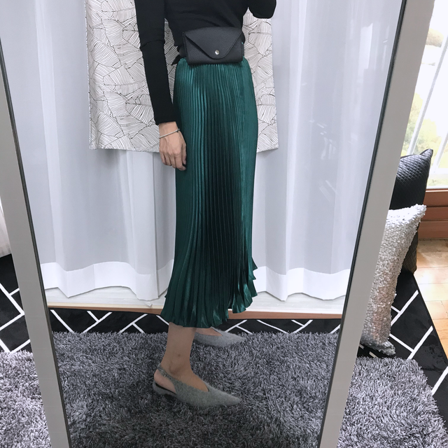 Gloss satin pleated long skirt 6colors Green skirt
