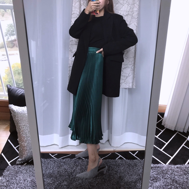Gloss satin pleated long skirt 6colors Green skirt