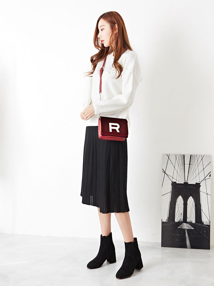Punching Flare Knit Long Skirt Feminine Date Coord