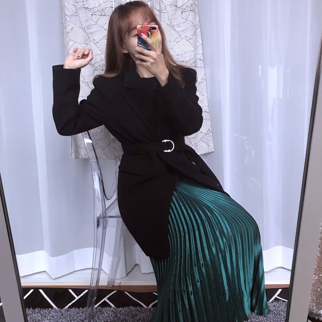 Gloss satin pleated long skirt 6colors Green skirt