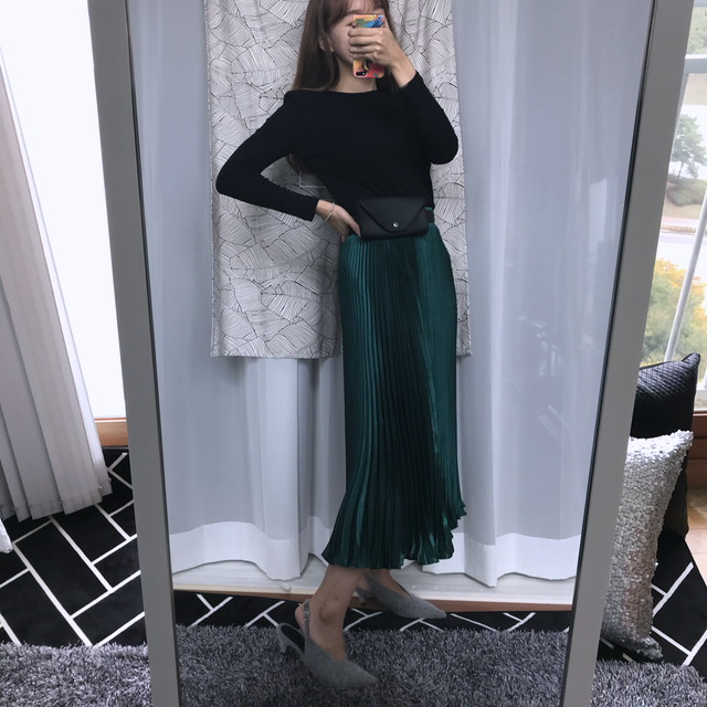 Gloss satin pleated long skirt 6colors Green skirt