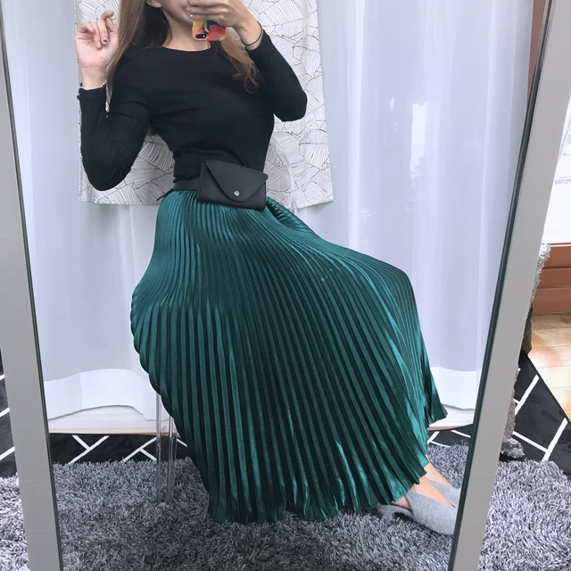 Gloss satin pleated long skirt 6colors Green skirt