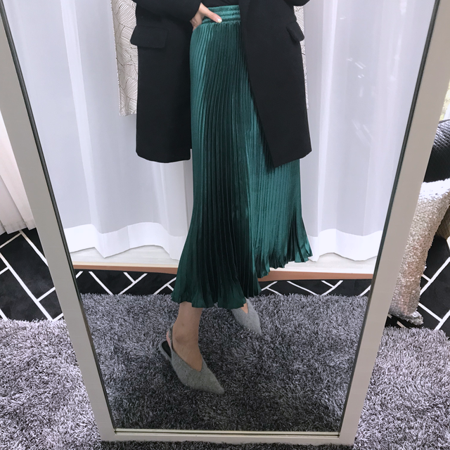 Gloss satin pleated long skirt 6colors Green skirt