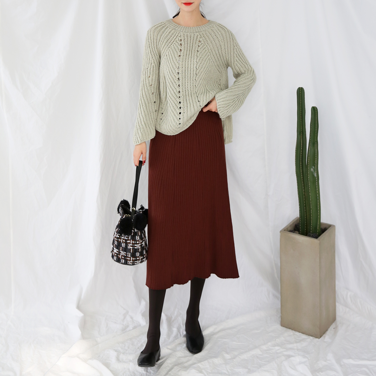 Winter Banding Flare Wrinkled Skirt Women Long Ple