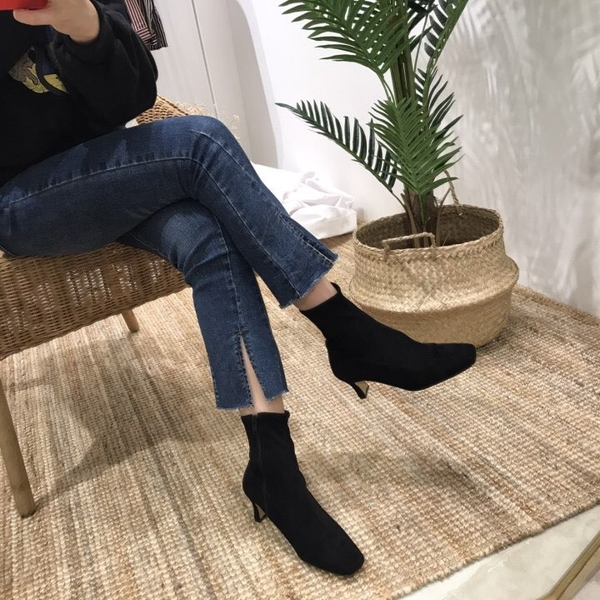 Suede Slim Square Round Middle-heel Women's Ang