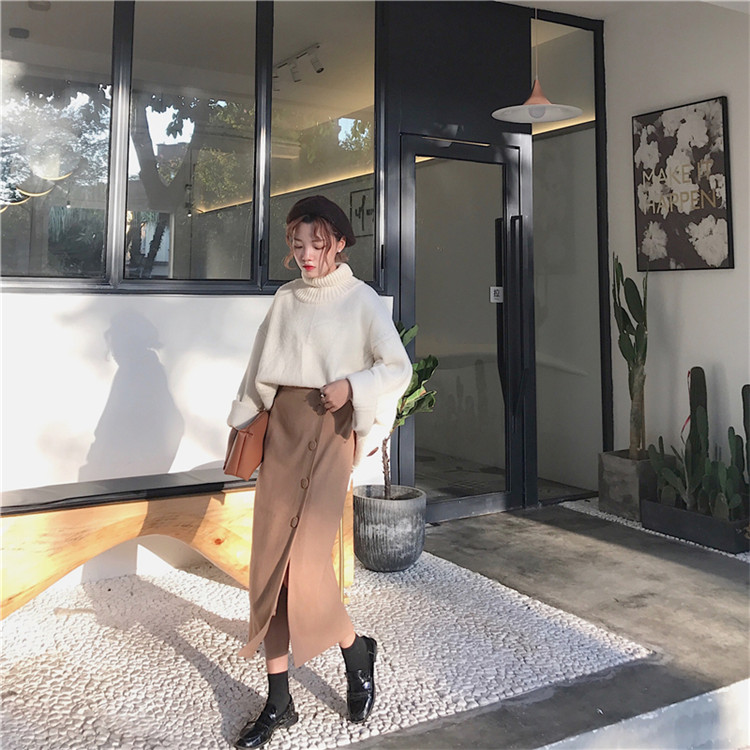 Side button winter wool long skirt H line 20 women