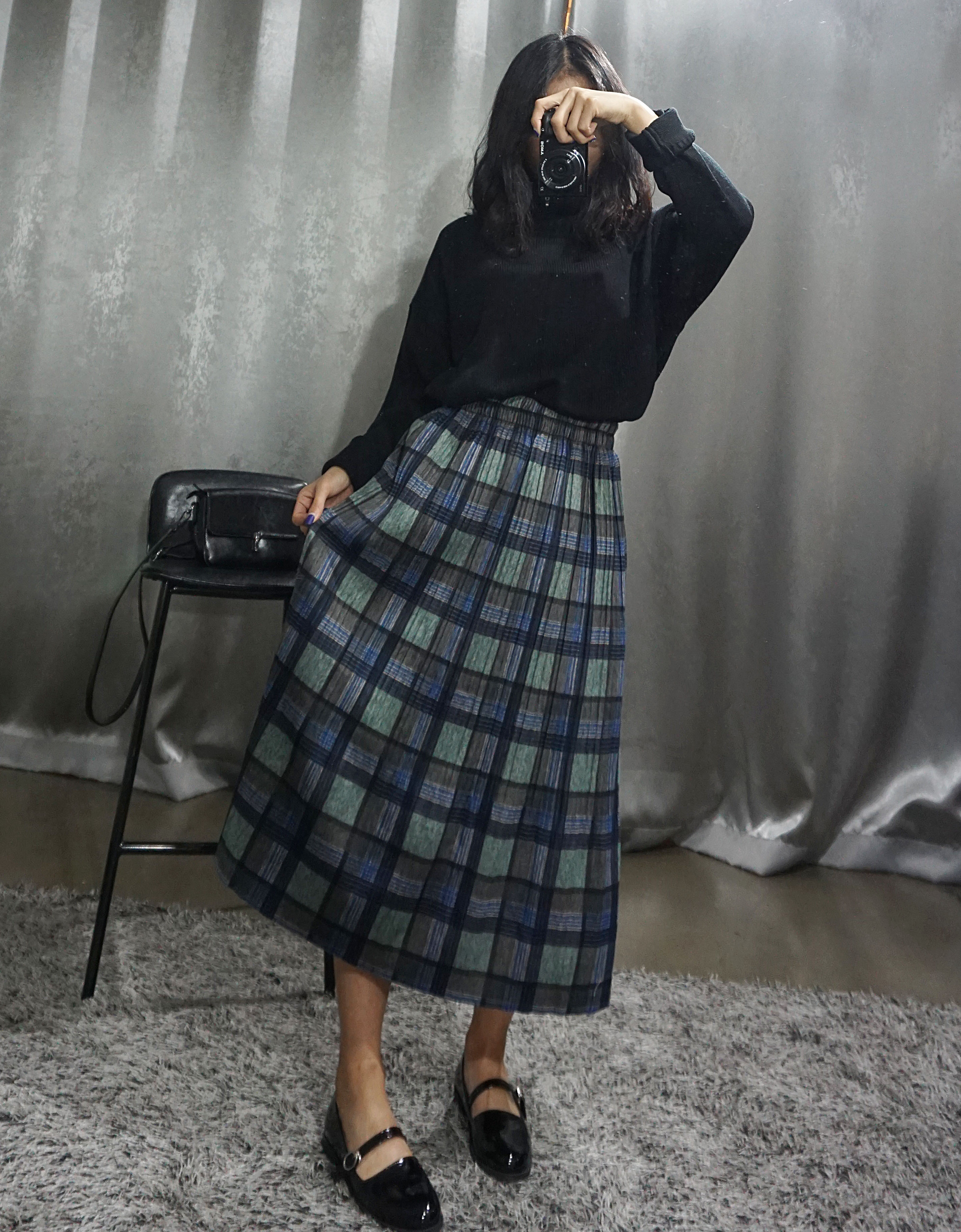 Check Pleated Banding Skirt Winter Long A-line Wri