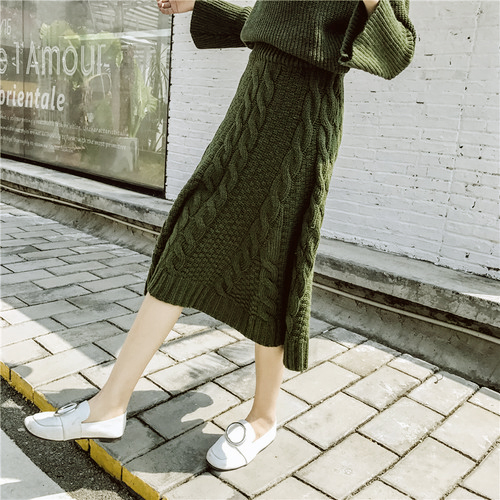 Autumn Winter Pretzel Flare Knit Skirt High Waist 