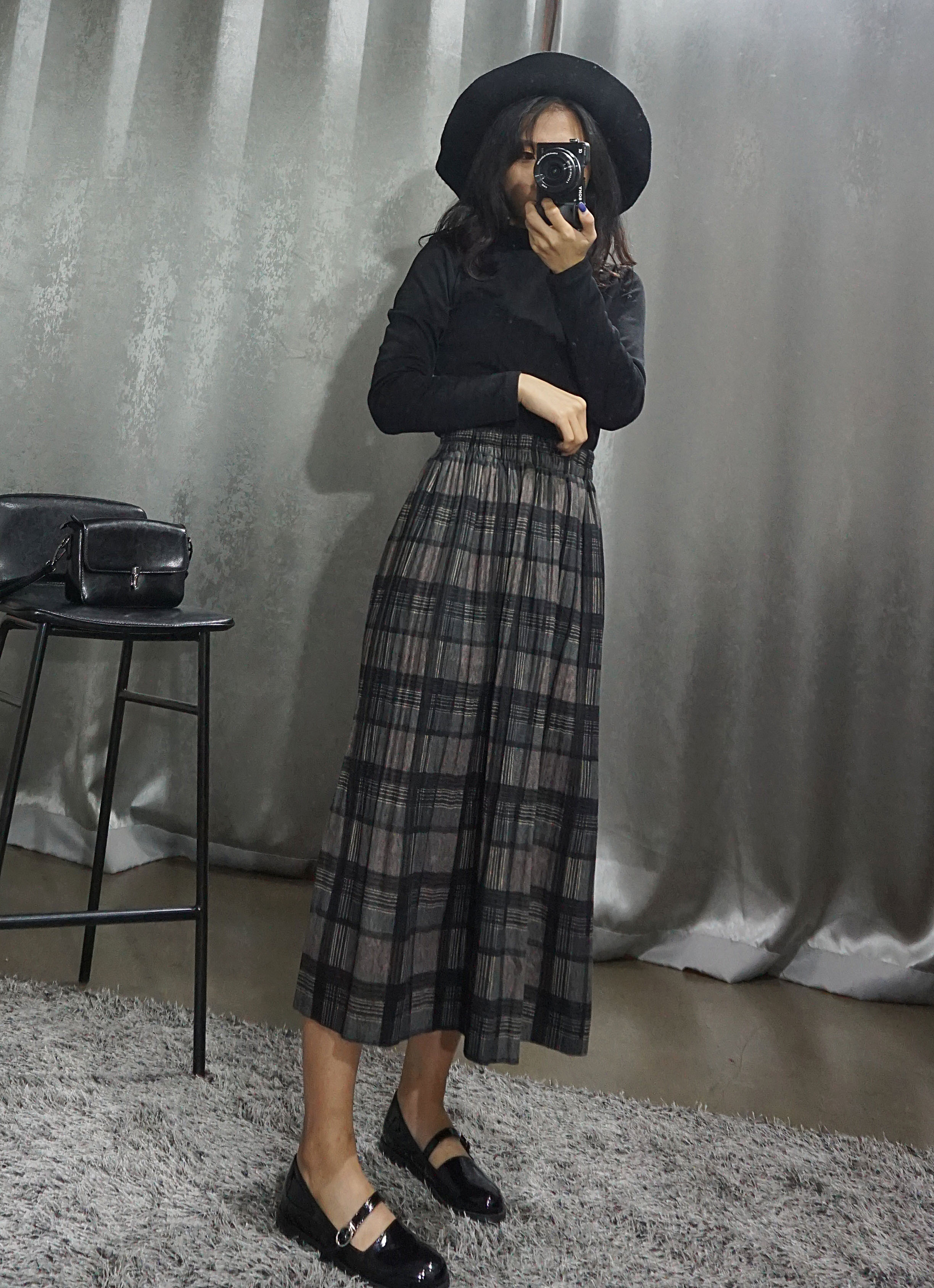 Check Pleated Banding Skirt Winter Long A-line Wri