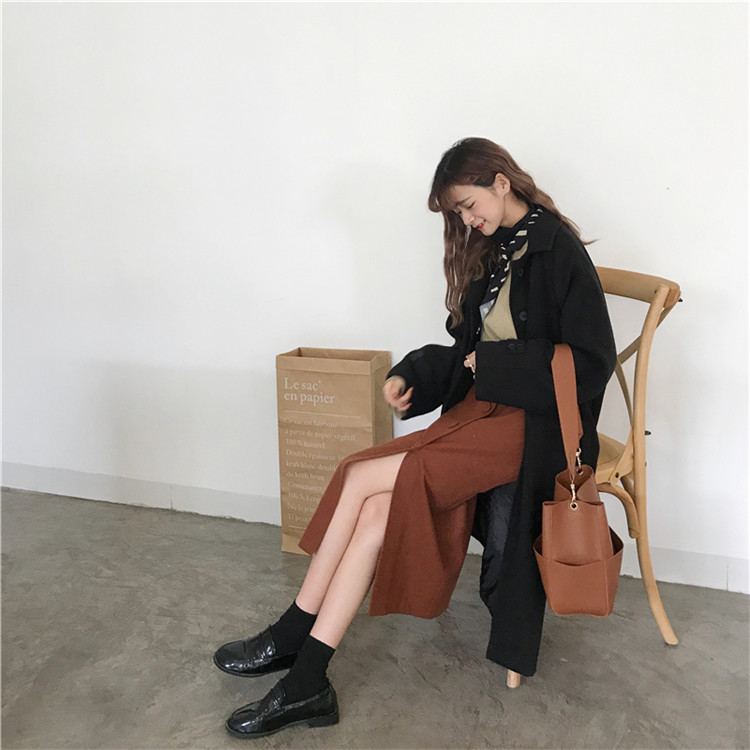 Side button winter wool long skirt H line 20 women