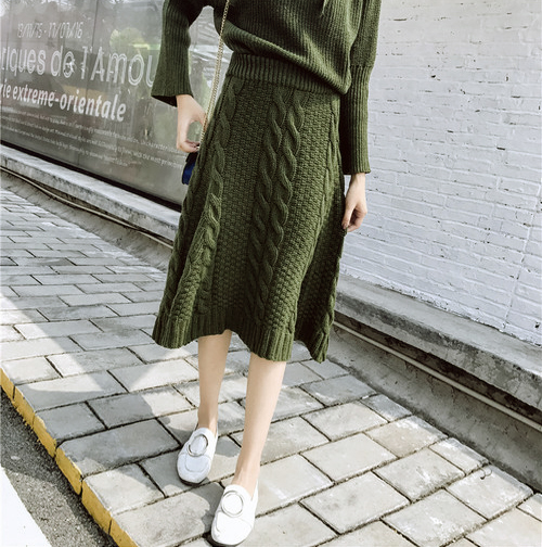 Autumn Winter Pretzel Flare Knit Skirt High Waist 