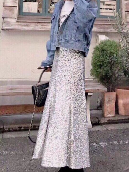 Long-point A-line silver wrinkled sequined skirt g