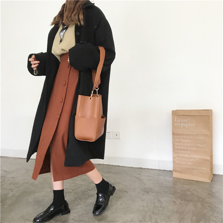 Side button winter wool long skirt H line 20 women