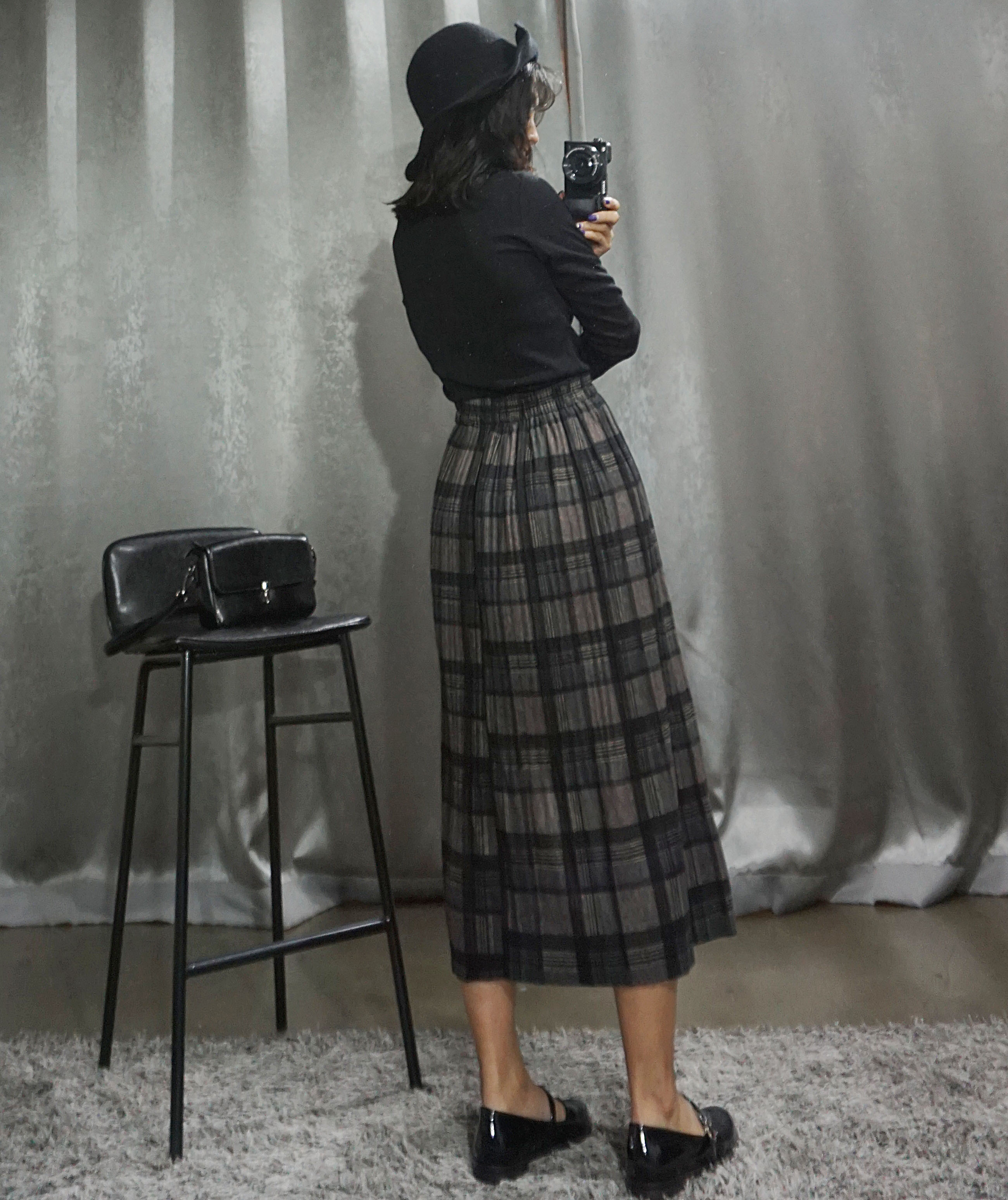 Check Pleated Banding Skirt Winter Long A-line Wri