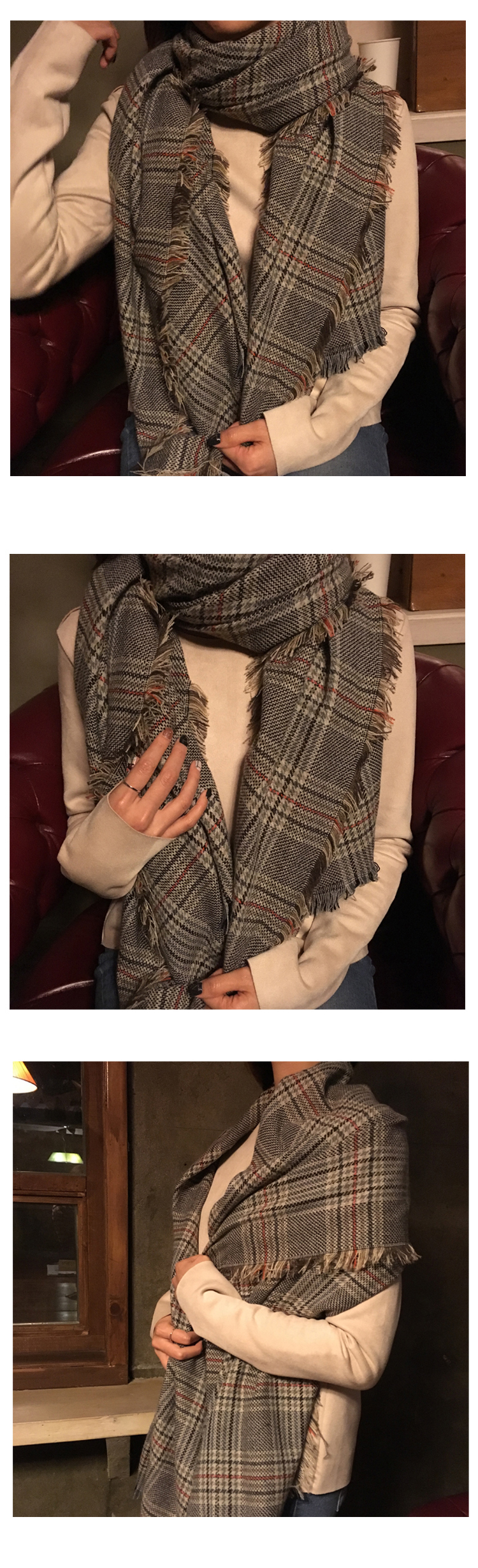 Brown Glen check long fringe muffler unisex public