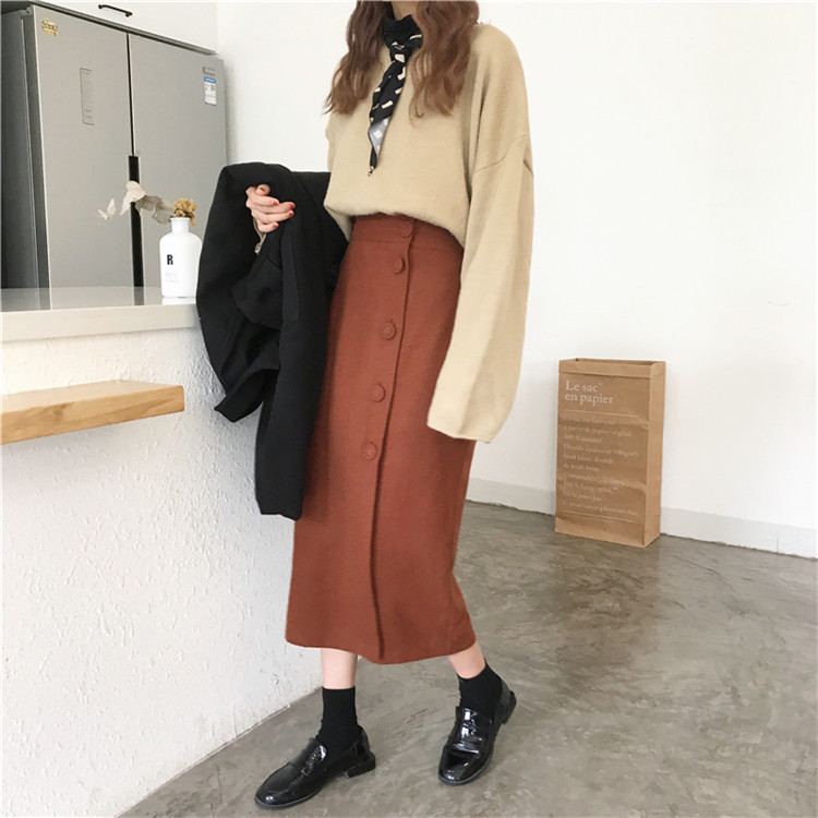 Side button winter wool long skirt H line 20 women