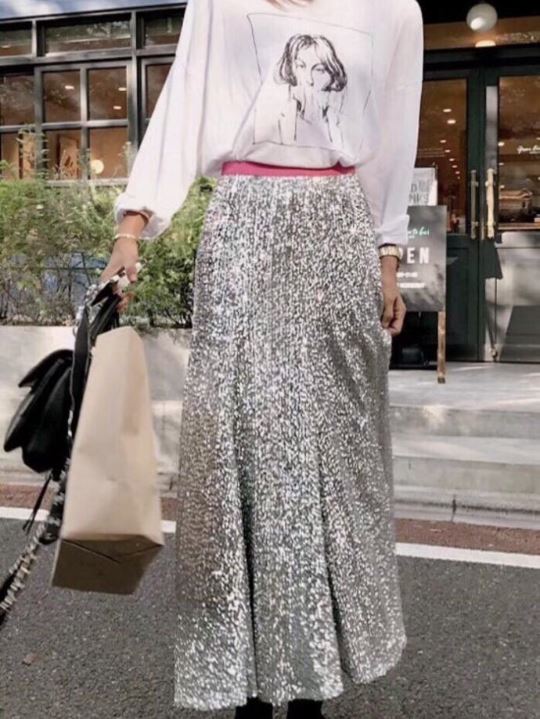 Long-point A-line silver wrinkled sequined skirt g