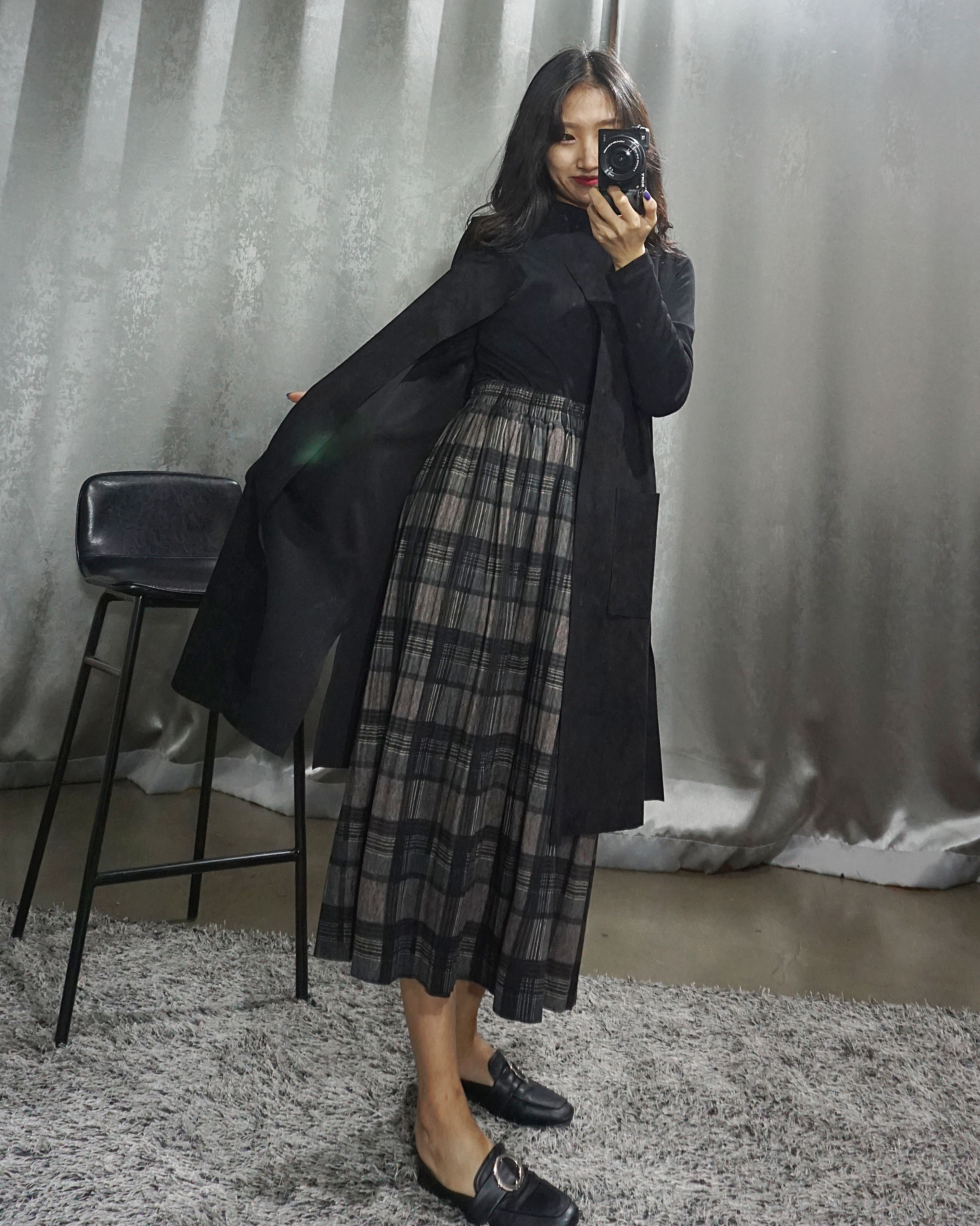 Check Pleated Banding Skirt Winter Long A-line Wri