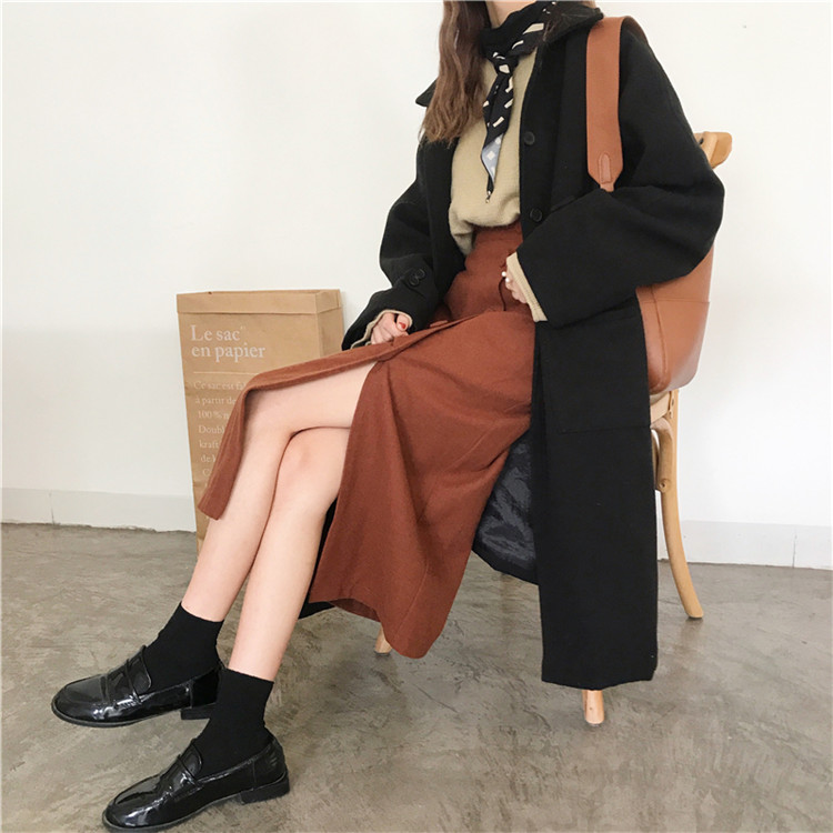 Side button winter wool long skirt H line 20 women