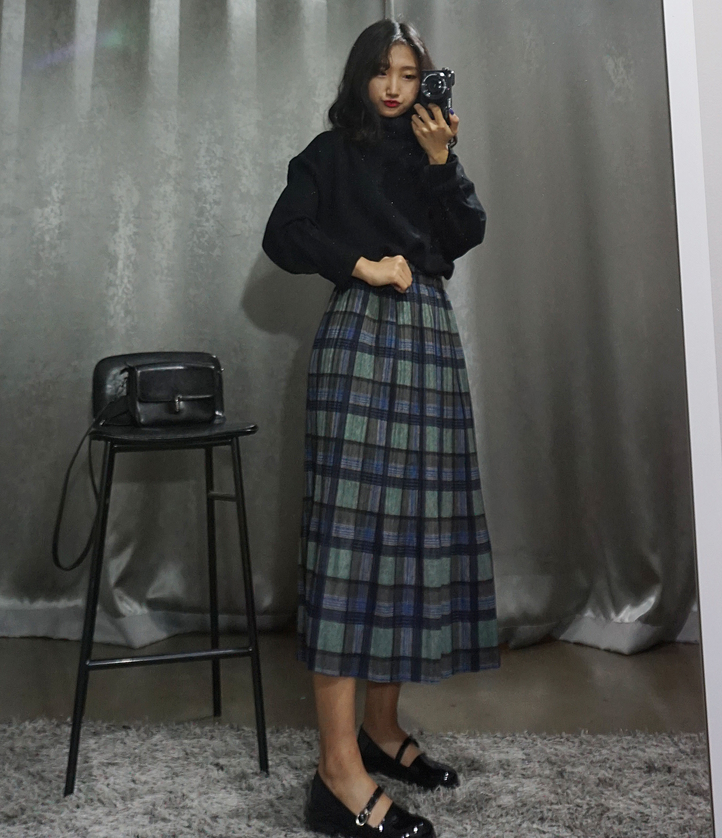 Check Pleated Banding Skirt Winter Long A-line Wri