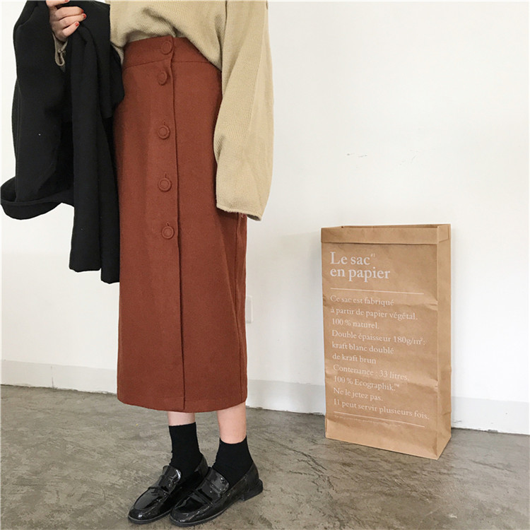 Side button winter wool long skirt H line 20 women