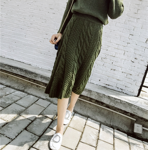 Autumn Winter Pretzel Flare Knit Skirt High Waist 