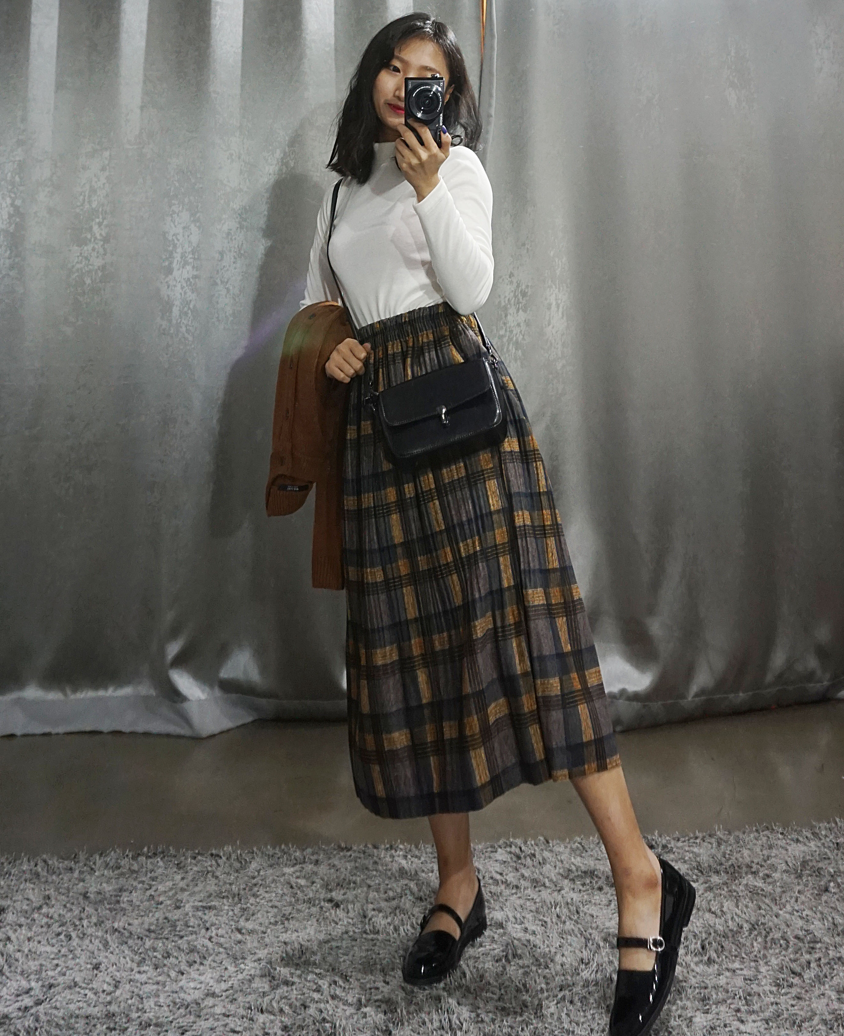 Check Pleated Banding Skirt Winter Long A-line Wri