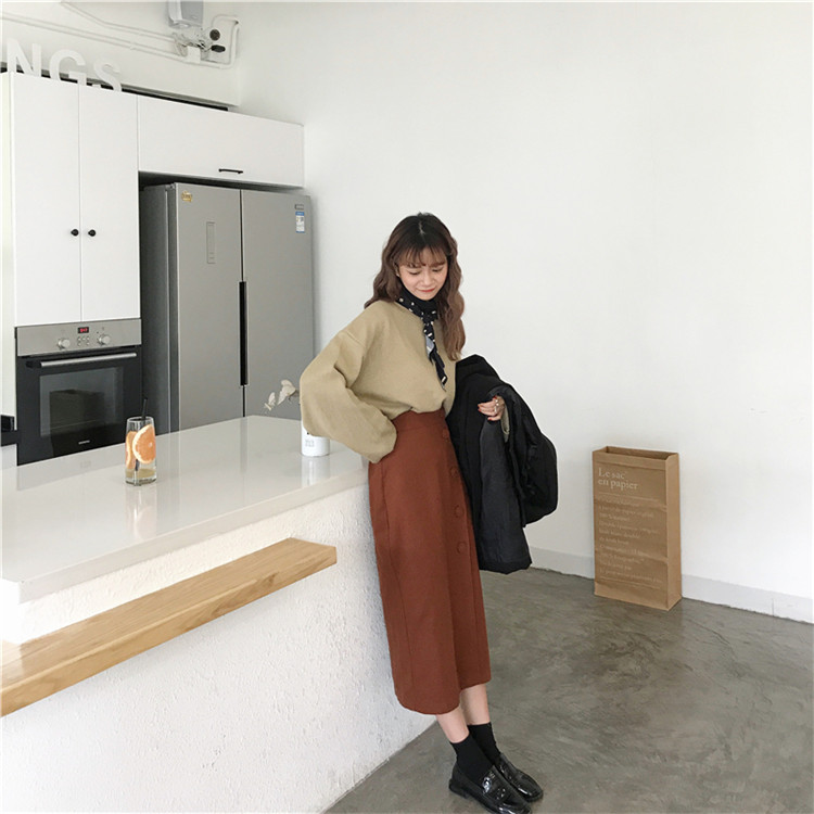 Side button winter wool long skirt H line 20 women