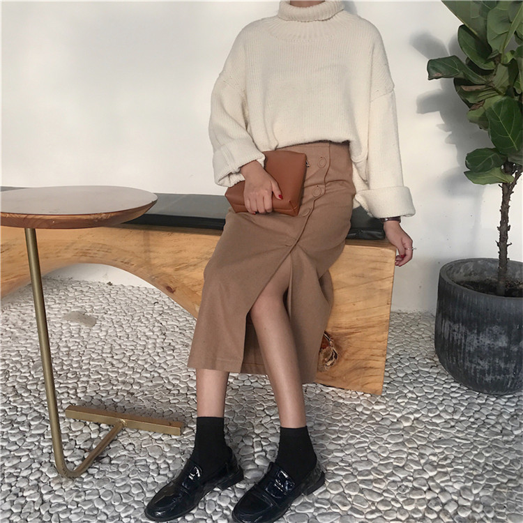 Side button winter wool long skirt H line 20 women