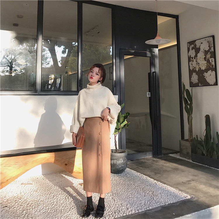 Side button winter wool long skirt H line 20 women