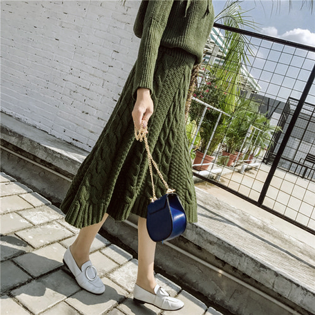 Autumn Winter Pretzel Flare Knit Skirt High Waist 