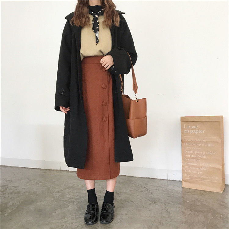 Side button winter wool long skirt H line 20 women