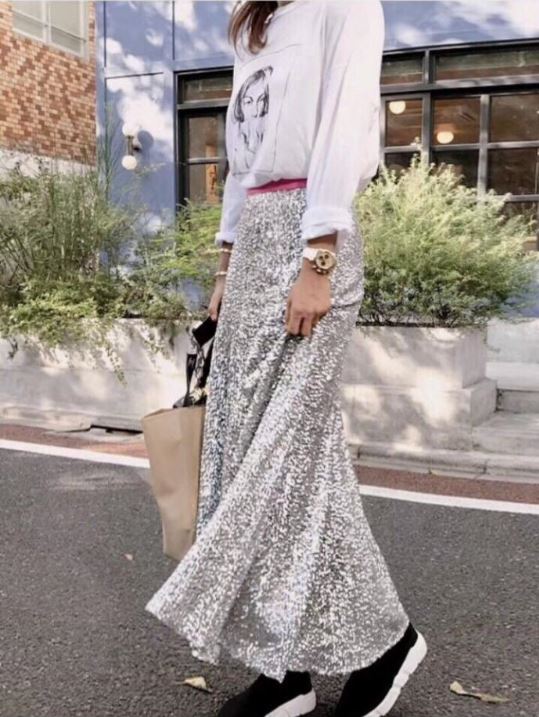 Long-point A-line silver wrinkled sequined skirt g