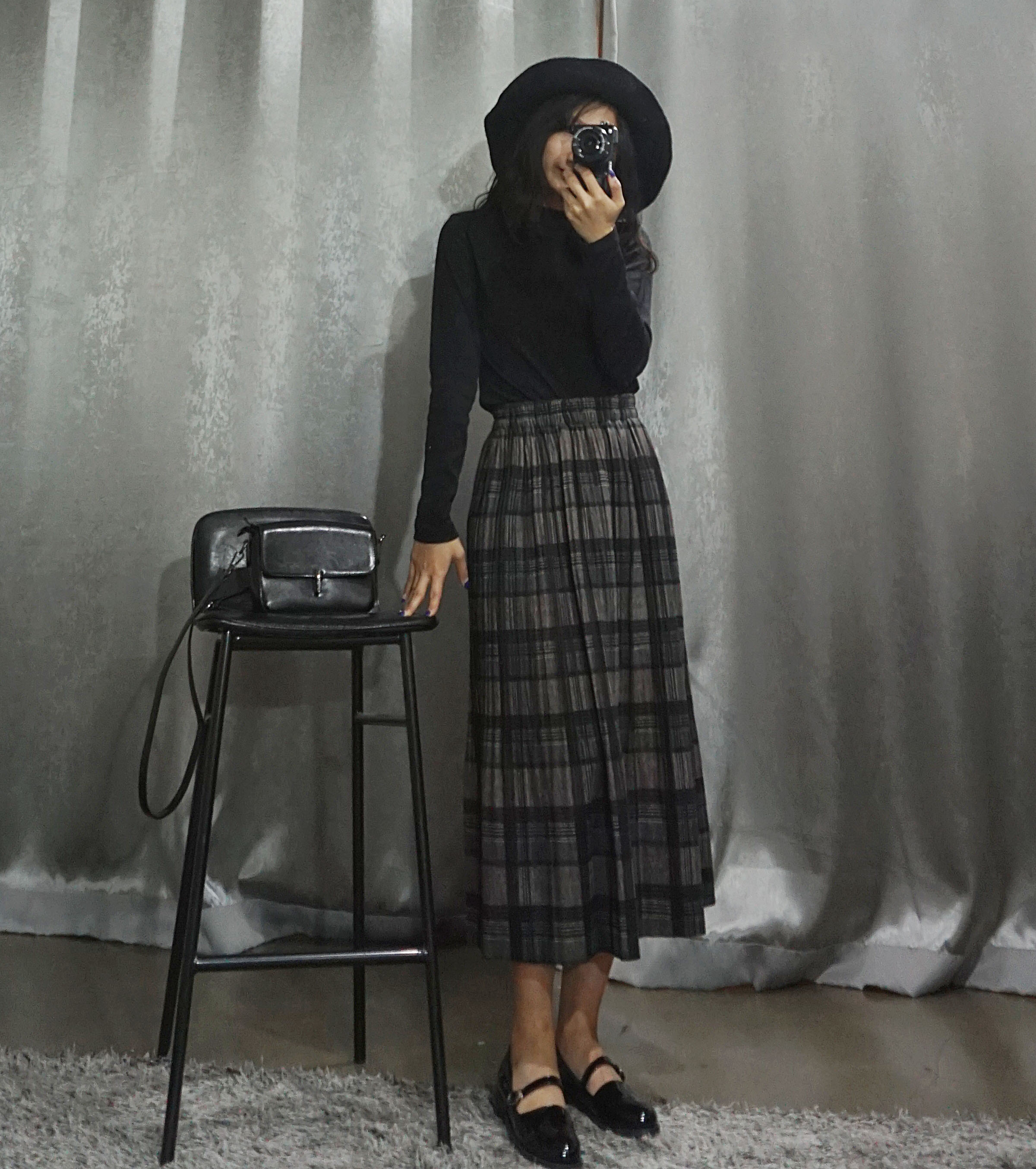 Check Pleated Banding Skirt Winter Long A-line Wri