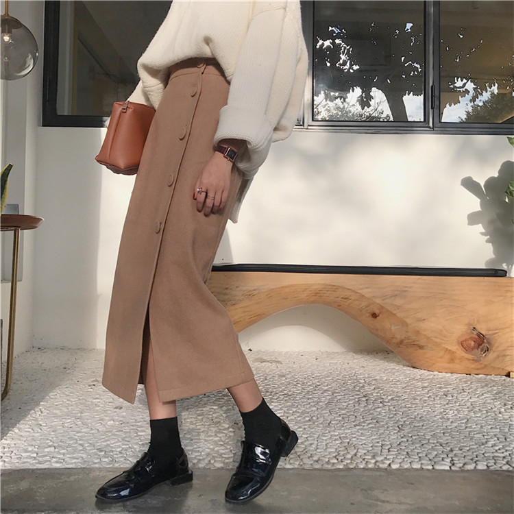 Side button winter wool long skirt H line 20 women