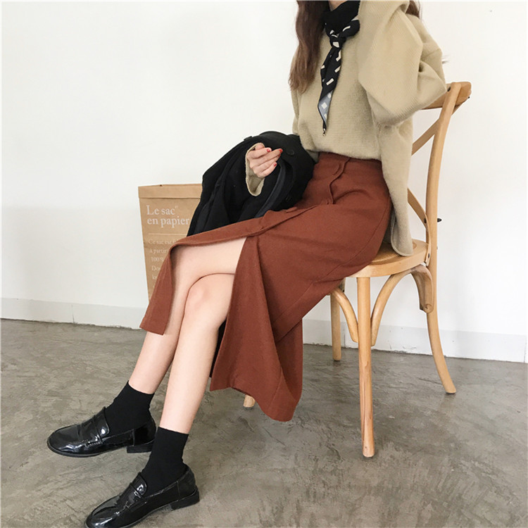 Side button winter wool long skirt H line 20 women