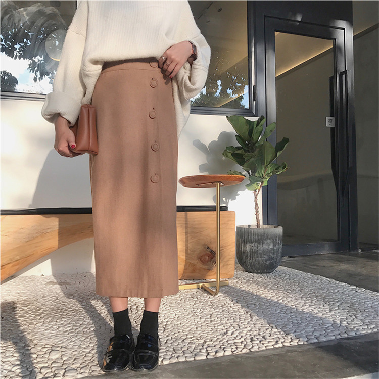 Side button winter wool long skirt H line 20 women
