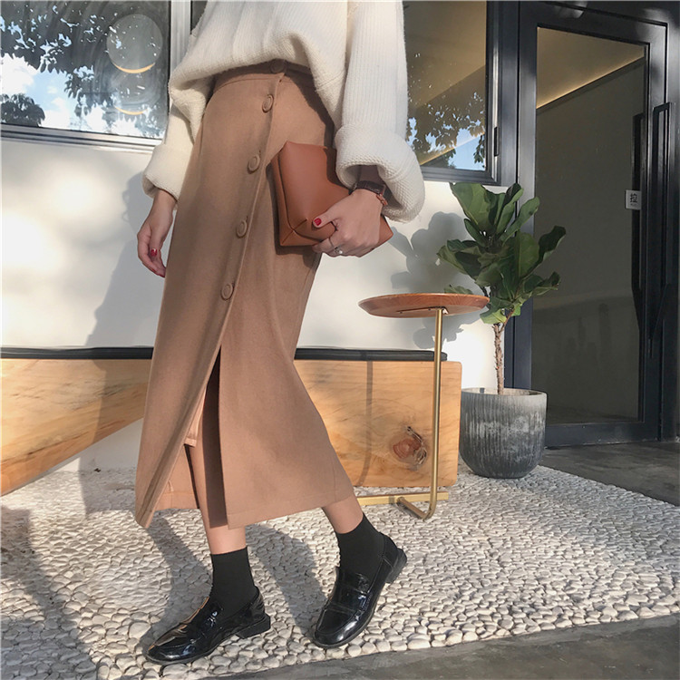 Side button winter wool long skirt H line 20 women
