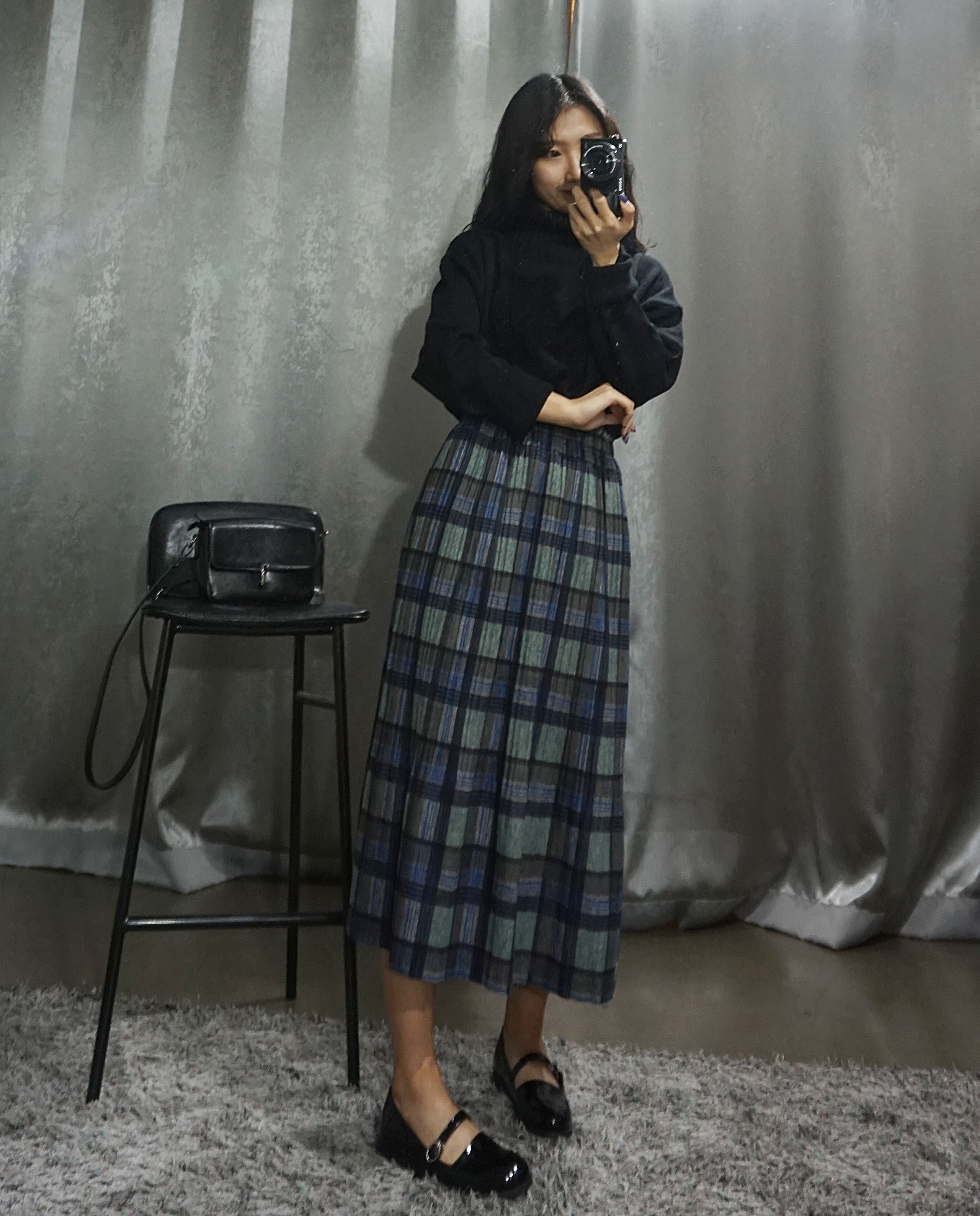 Check Pleated Banding Skirt Winter Long A-line Wri