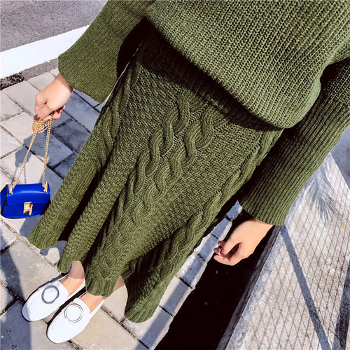 Autumn Winter Pretzel Flare Knit Skirt High Waist 