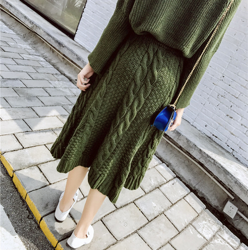 Autumn Winter Pretzel Flare Knit Skirt High Waist 