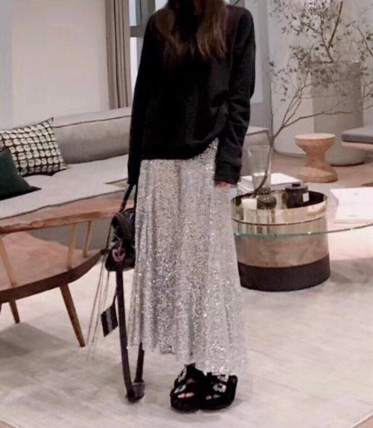 Long-point A-line silver wrinkled sequined skirt g